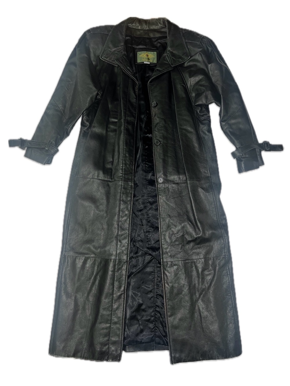 Vintage 80’s Classic Black Full Length Leather Trench Coat by Avanti, size small